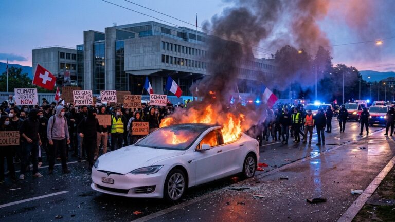 G7 Protests Escalate in Geneva: Tesla Torched Amid Summit Tensions