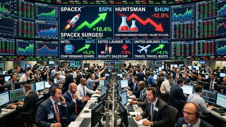 Midday Stock Moves: SpaceX Surges Post-IPO, Huntsman Drops on Merger