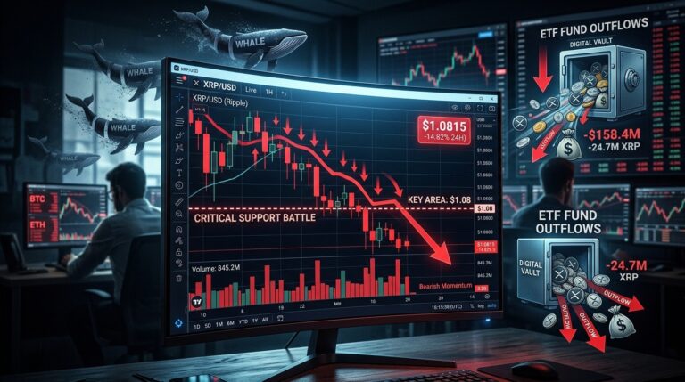 XRP Price Drops to $1.08 as ETF Outflows Hit and Whale Activity Slows