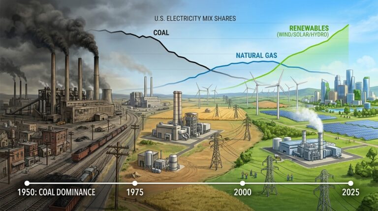 America’s Electricity Shift: 75 Years From Coal to Gas and Renewables